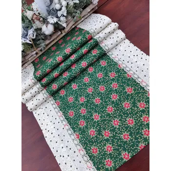 ubrus Běhoun vánoční - vánoční růže na zelené v kombinaci s hvězdičkami a zlatými ornamenty