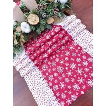 ubrus Běhoun vánoční - bílé střední vločky na červené lemované drobnými červenými vločkami na bílé