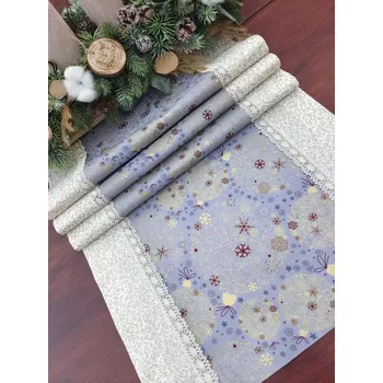 ubrus Běhoun vánoční - zlaté vánoční odzoby na šedé lemované zlatým jmelím