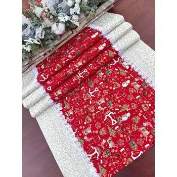 Vánoční dekorace Běhoun vánoční - vánoční zlaté motivy na červené v kombinaci se zlatými bobulkami na vanilkové