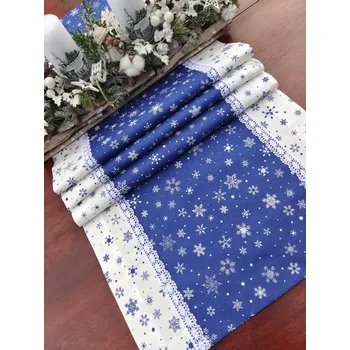 ubrus Běhoun vánoční - bílé vločky na modré lemované modrými vločkami na bílé 42 x 140 cm