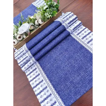 ubrus Běhoun - modrá v režném efektu lemovaná květy v pruzích