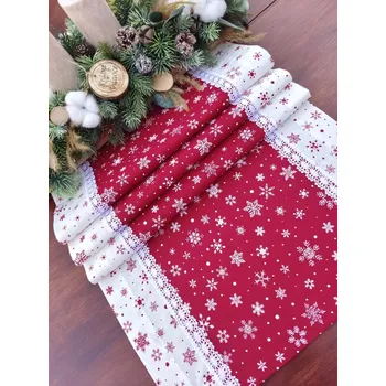 ubrus Běhoun vánoční - bílé vločky na červené lemované červenými vločkami na bílé