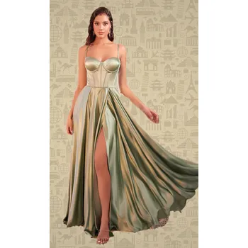 Dámské šaty DIVA Společenské saténové Šaty CARMELLA zelenkavé Barva: Zelená, Velikost: L