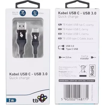 Datový kabel USB kabel USB 3.0 - USB-C 2m Premium 3A černý