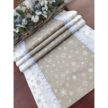 ubrus Běhoun vánoční - bílé vločky na béžové lemované béžovými vločkami na bílé