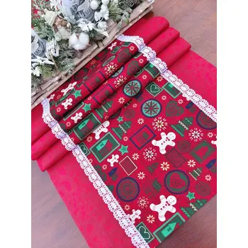 Vánoční dekorace Běhoun vánoční - vánoční perníček a stromečky v kombinace s červeným mramorem