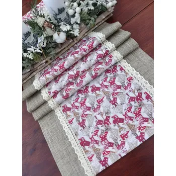 Vánoční dekorace Běhoun vánoční - zasněžené domečky v kombinaci s hnědou režnou