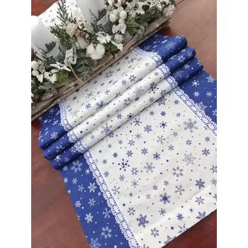 ubrus Běhoun vánoční - modré vločky na bílé lemované bílými vločkami na modré