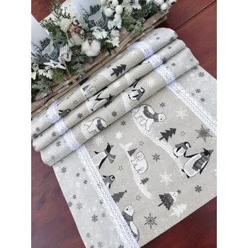 Vánoční dekorace Běhoun vánoční - lední medvědi a tučňáci na režné v kombinaci s vločkami