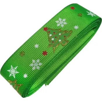 Stuha Stuha 25mm, vánoční rypsová s glitry, zelená, stromeček