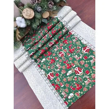 Vánoční dekorace Běhoun vánoční - vánoční motivy se zlatými efekty na zelené v kombinaci se zlatým jmelím na smetanové