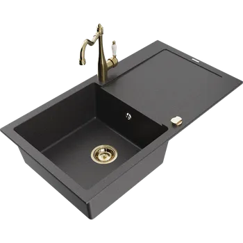 Granitový dřez Mexen Leo granitový dřez 1-komorový s odkapávačem a kuchyňskou baterií Carla, černý skvrnitý - 6501-76-670700-50 Granitové dřezy s baterií