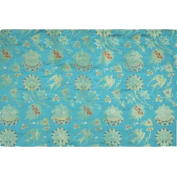 Brokát vlaštovky a zářící oblaka, ručně tkané hedvábí se zlatou nití, tyrkysový, sartor.cz