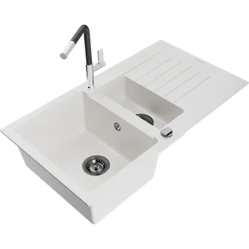 Granitový dřez Mexen Matias žulový dřez 1,5-komorový s odkapávačem a kuchyňskou baterií Flora, bílý - 6502-20-670401-07-B Granitové dřezy s baterií