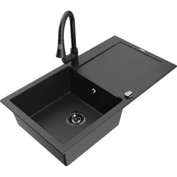 Granitový dřez Mexen Leo granitový dřez 1-komorový s odkapávačem a kuchyňskou baterií Elia, černý/stříbrný metalický - 6501-73-670101-70-B Granitové dřezy s baterií