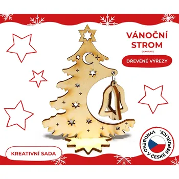 kreativní sada Dřevěné výřezy, sada k dotvoření, Vánoční strom se zvonečkem, 10,8 x 8,8 cm