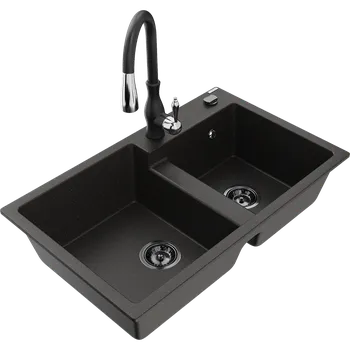 Granitový dřez Mexen Tomas granitový dřez dvoukomorový s kuchyňskou baterií Savita, černý/zlatý metalik - 6516-75-672601-70-B Granitové dřezy s baterií