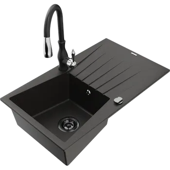 Mexen Cesar granitový dřez 1-komorový s odkapávačem a kuchyňskou baterií Savita, černý/zlatý metalik - 6514-75-672601-70-B Granitové dřezy s baterií