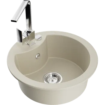 Granitový dřez Mexen Diego granitový dřez 1-komorový s kuchyňskou baterií Rita, béžový - 6512-69-670300-00 Granitové dřezy s baterií