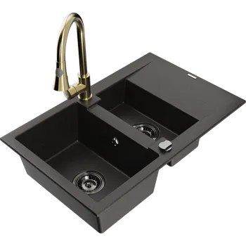 Granitový dřez Mexen Gaspar granitový dřez s 1,5 komorou a odkapávačem a kuchyňskou baterií Elia, černý/zlatý metalický - 6507-75-670101-50-B Granitové dřezy s baterií