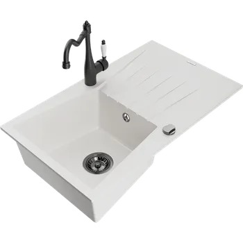 Granitový dřez Mexen Cesar granitový dřez 1-komorový s odkapávačem a kuchyňskou baterií Carla, bílý - 6514-20-670700-70 Granitové dřezy s baterií