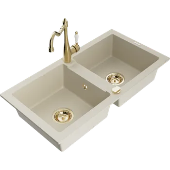 Granitový dřez Mexen Mario dřez granitový 2-komorový s kuchyňskou baterií Carla, béžový - 6504-69-670700-50 Granitové dřezy s baterií
