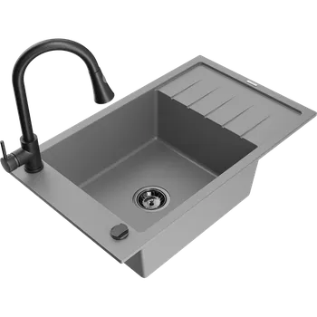 Granitový dřez Mexen Elias granitový dřez 1-komorový s odkapávačem a kuchyňskou baterií Elia, šedý - 6511-71-670101-70-B Granitové dřezy s baterií
