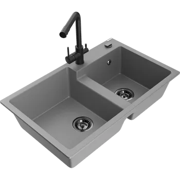 Granitový dřez Mexen Tomas dřez granitový 2-komorový s kuchyňskou baterií Duero, šedý - 6516-71-671600-70-B Granitové dřezy s baterií