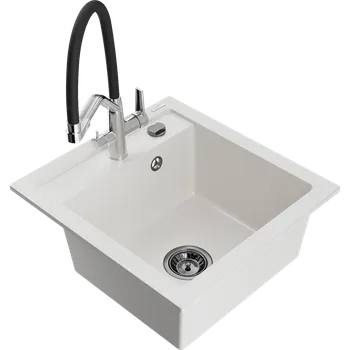 Granitový dřez Mexen Vito granitový dřez s 1 komorou a kuchyňskou baterií Duo, bílý - 6503-20-671701-07-B Granitové dřezy s baterií