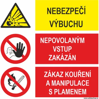 Značení Nebezpečí výbuchu-Nepovolaným vstup zakázán-Zákaz kouření a manipulace s plamenem samolepící PVC fólie 200x200 mm