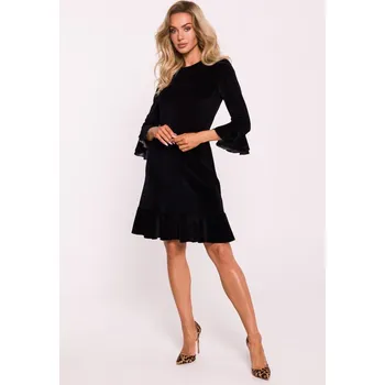 Dámské šaty Společenské sametové šaty s volánky MOE M825 černé EU velikost: XL