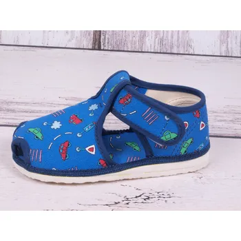 Chlapecké bačkory Bačkůrky papučky HP Čechtín 805 modré s autíčky a značkami suchý zip velikost: 20,5