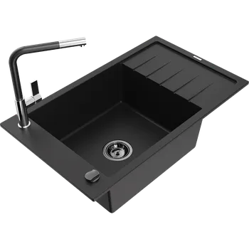 Granitový dřez Mexen Elias granitový dřez 1-komorový s odkapávačem a kuchyňskou baterií Flora, černý - 6511-77-670401-07-B Granitové dřezy s baterií