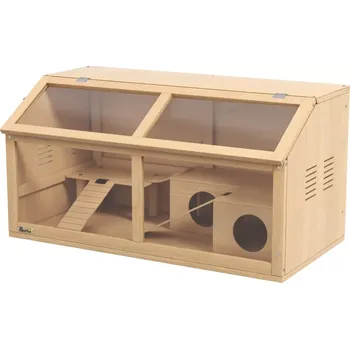 Klec z jedlového dřeva pro syrské/trpasličí křečky s plošinou/visutým mostem/boudičkou 85 x 45 x 44 cm přírodní