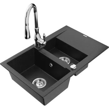 Granitový dřez Mexen Gaspar žulový dvojkomorový dřez s odkapávačem a kuchyňskou baterií Savita, černý/stříbrný - 6507-73-672601-00 Granitové dřezy s baterií