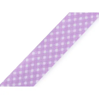 Šikmý proužek bavlněný puntík, káro, hvězdy, jemný proužek šíře 20 mm zažehlený, barva 390900/6 fialová sv. káro