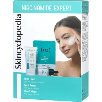 Pleťový krém Skincyclopedia Niacinamide Expert Ochranný fluid SPF50 50 ml, pleťové sérum s niacinamidem 30 ml, plátýnková maska se zinkem 3 ks