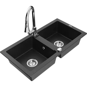 Mexen Mario dvojkomorový granitový dřez s kuchyňskou baterií Elia, černý/stříbrný metalický - 6504-73-670101-00 Granitové dřezy s baterií