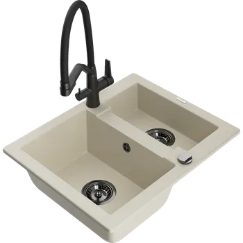 Granitový dřez Mexen Carlos žulový dřez 1,5-komorový s kuchyňskou baterií Duo, béžový - 6518-69-671701-70-B Granitové dřezy s baterií