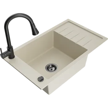 Granitový dřez Mexen Elias granitový dřez s 1 komorou, odkapávačem a kuchyňskou baterií Elia, béžový- 6511-69-670101-70 Granitové dřezy s baterií