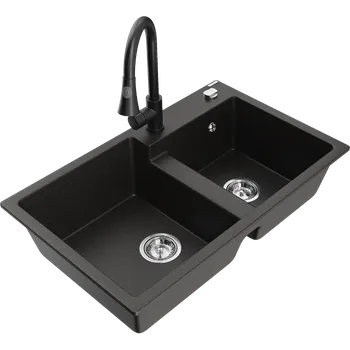 Granitový dřez Mexen Tomas žulový dřez s 2 komorami a kuchyňskou baterií Elia, černý/zlatý metalický - 6516-75-670101-70 Granitové dřezy s baterií