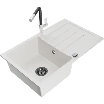 Granitový dřez Mexen Bruno granitový dřez 1-komorový s odkapávačem a kuchyňskou baterií Flora, bílý - 6513-20-670401-07-B Granitové dřezy s baterií