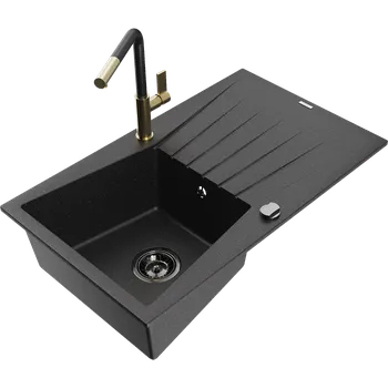 Granitový dřez Mexen Cesar granitový dřez 1-komorový s odkapávačem a kuchyňskou baterií Flora, černý/stříbrný metalik - 6514-73-670401-57-B Granitové dřezy s baterií