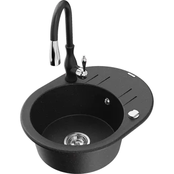 Granitový dřez Mexen Kevin granitový dřez 1-komorový s odkapávačem a kuchyňskou baterií Savita, černý/stříbrný metalik - 6517-73-672601-70 Granitové dřezy s baterií