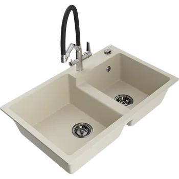 Granitový dřez Mexen Tomas žulový dřez s 2 komorami s kuchyňskou baterií Duo, béžový - 6516-69-671701-07-B Granitové dřezy s baterií