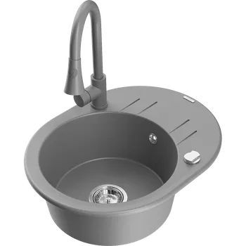 Granitový dřez Mexen Kevin granitový dřez jednokomorový s odkapávačem a kuchyňskou baterií Elia, šedý - 6517-71-670101-71 Granitové dřezy s baterií