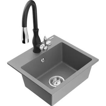 Granitový dřez Mexen Milo granitový dřez 1-komorový s kuchyňskou baterií Savita, šedý - 6505-71-672601-70 Granitové dřezy s baterií