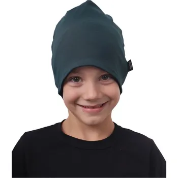 Čepice Dětská čepice bavlněná, oboustranná, černá + lahvově zelená S (1-3 roky)