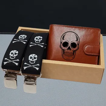 Kšandy Pánský set s hnědou koženou peněženkou a Kšandy s lebkou – Výraz individuality a stylu